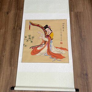 Asian Chinese Hanging Scroll Art Geisha Harp Hand Painted 56" x 29"